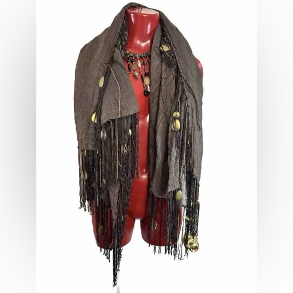NWT ECHO 100% LINEN DARK BROWN FRINGE METAL BOHO SCARF - SQUARE - 43"X43" NEW - Picture 1 of 12